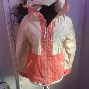 Vintage 1960s Windbreaker Jacket Cream Coral Striped Hooded Beach Jacket